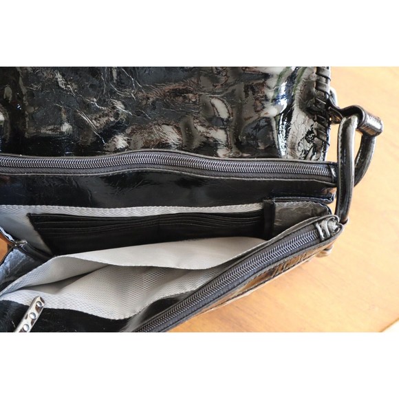 M.C. Patent Leather Blk Gray Faux Gator Print Purse Multiple Compartments Tassel - Picture 12 of 16